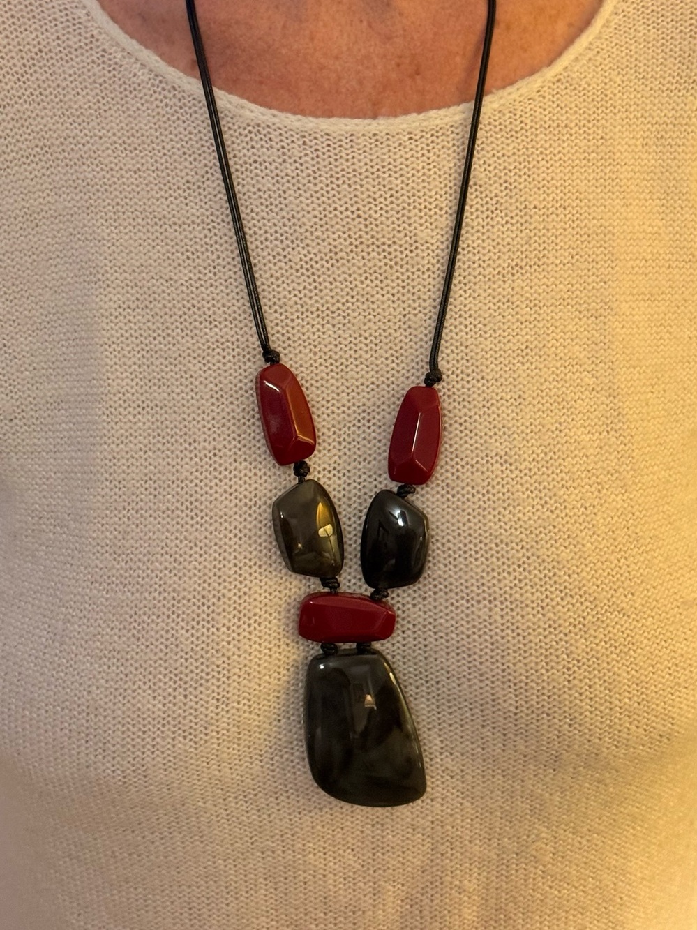 Stylish Red and Black Stone Pendant Necklace - by c1946